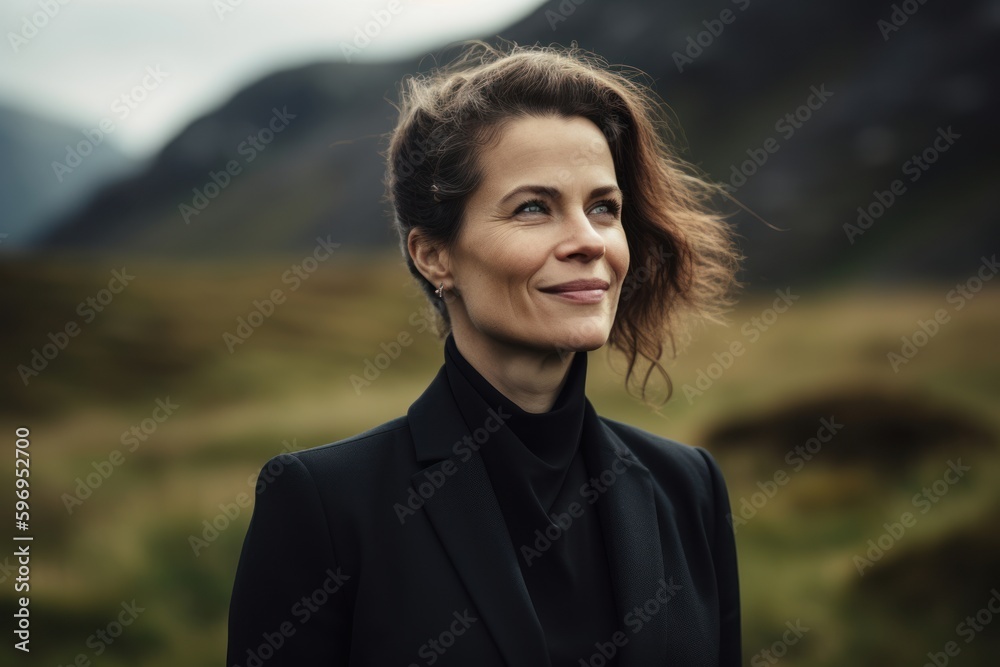 Pet portrait photography of a grinning woman in her 40s wearing a sleek suit against a nordic or scandinavian landscape background. Generative AI Pet portrait photography of a grinning woman in her 40s wearing a sleek suit against a nordic or scandinavian landscape background. Generative AI