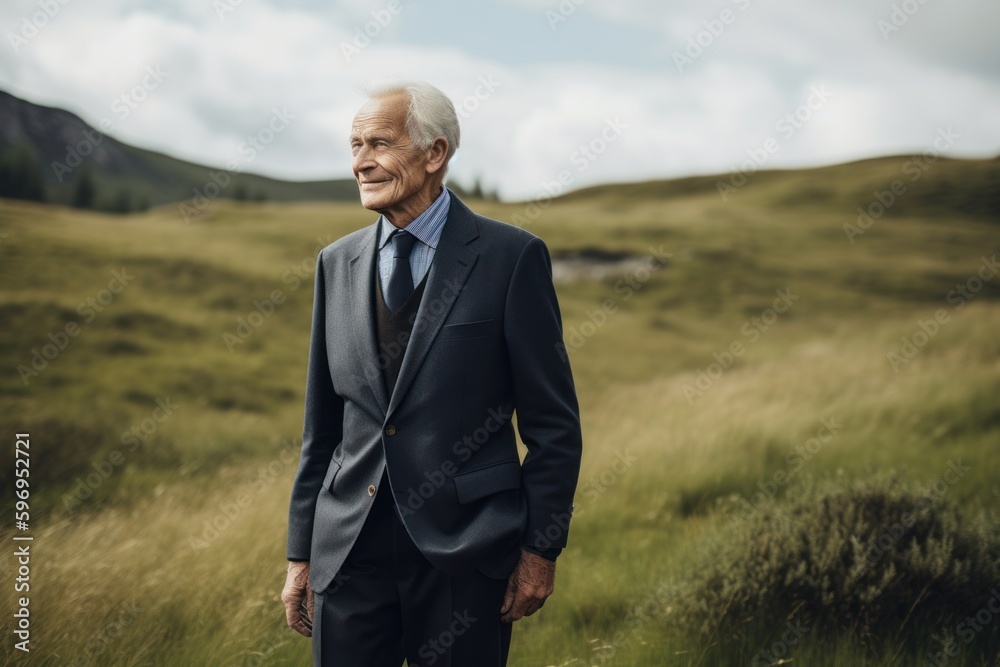 Senior man with grey hair wearing a suit and standing in a field. Senior man with grey hair wearing a suit and standing in a field.