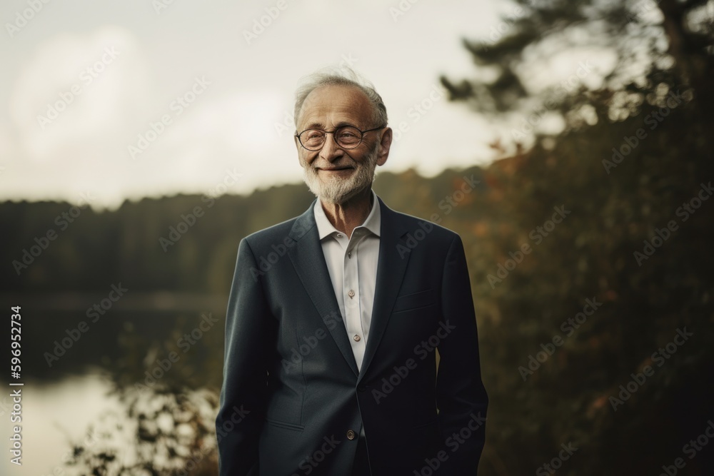 Elderly man in a suit and glasses on the background of the lake Elderly man in a suit and glasses on the background of the lake