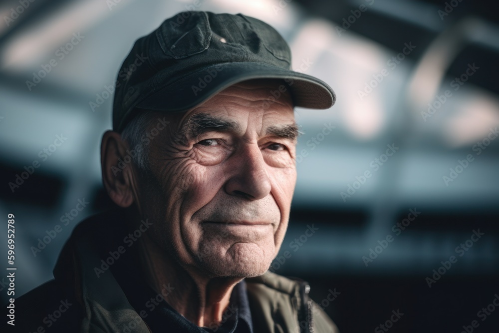 Portrait of an old man in a cap on the background of the railway station Portrait of an old man in a cap on the background of the railway station