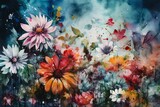 Vibrant watercolor floral painting with drip design, blooming spring garden art. Generative AI