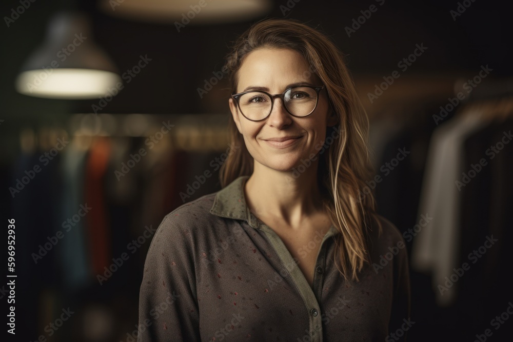 Portrait of a beautiful young woman wearing glasses standing in a fashion store