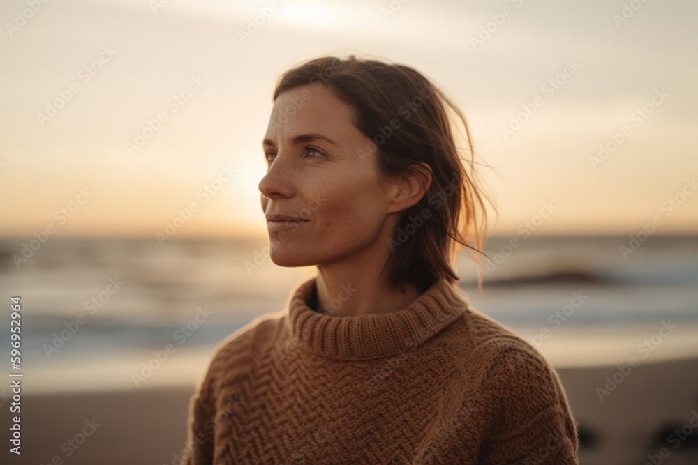 Portrait of a beautiful young woman in sweater on the beach at sunset Portrait of a beautiful young woman in sweater on the beach at sunset