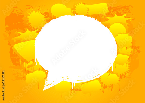 White Speech Bubble Graffiti on yellow Background. Urban painting style backdrop. Abstract discussion symbol in modern dirty street art decoration.