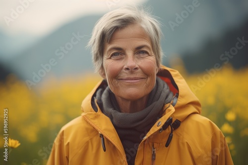 Portrait of happy senior woman in yellow jacket in blooming field