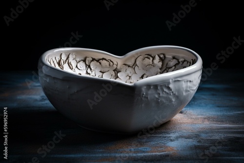 A ceramic bowl shaped like a heart, with a white color and empty inside. Generative AI