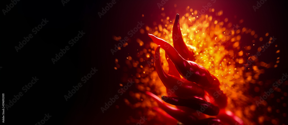 Fototapeta premium The spicy chilies are swirling together, twisting into a fiery explosion on a dark black background. generative AI.