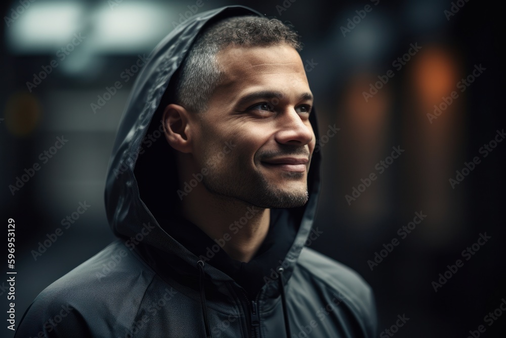 Portrait of a handsome man in a black hooded jacket. Portrait of a handsome man in a black hooded jacket.