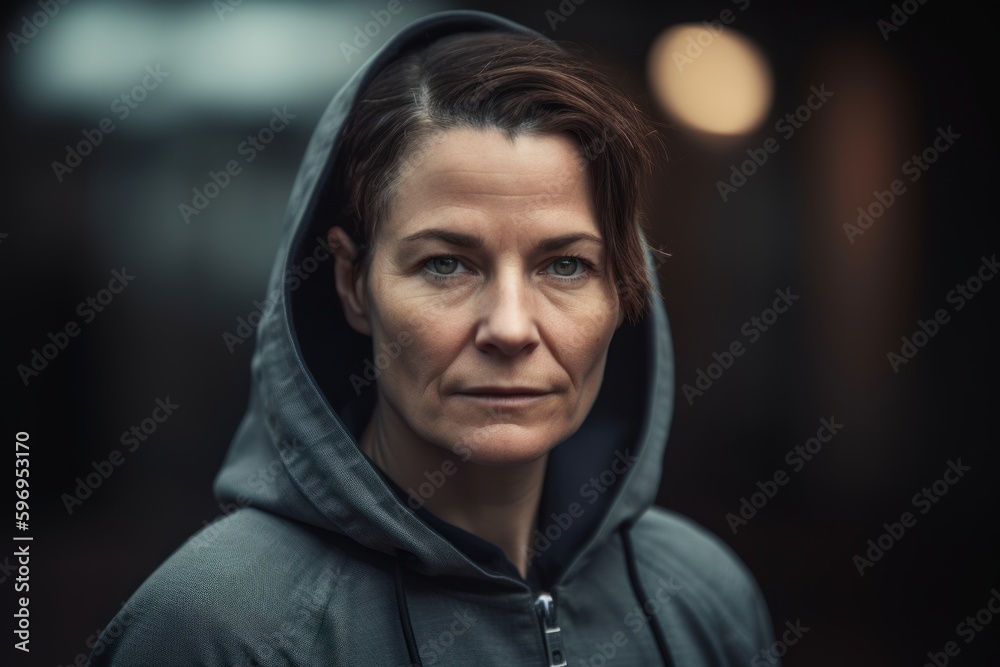 Portrait of a middle-aged woman in a hooded sweatshirt