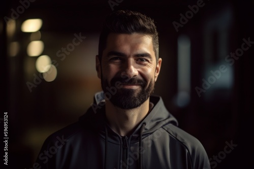Portrait of a handsome bearded man in a black jacket on a dark background