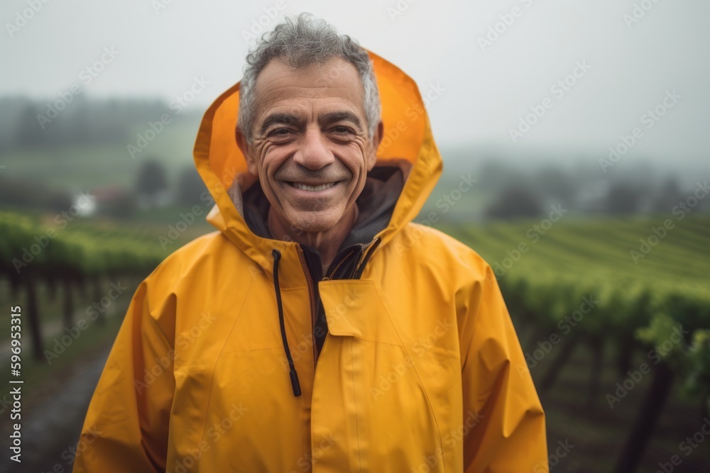 Portrait of smiling senior man in raincoat standing in vineyard Portrait of smiling senior man in raincoat standing in vineyard