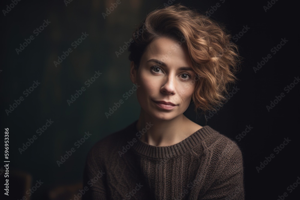 Portrait of a beautiful young woman with curly hair in a brown sweater