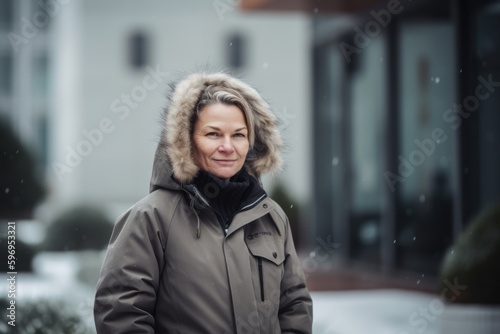 Portrait of a beautiful middle-aged woman in a coat with a hood on the street in winter © Robert MEYNER