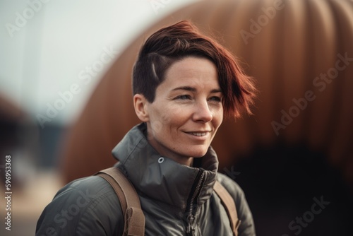 Portrait of a beautiful smiling woman with backpack standing in the city.