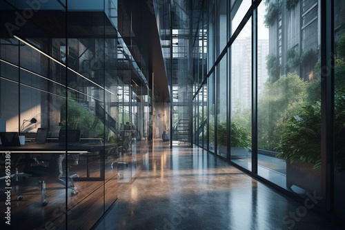 Tall contemporary workplace with glass panels. Generative AI