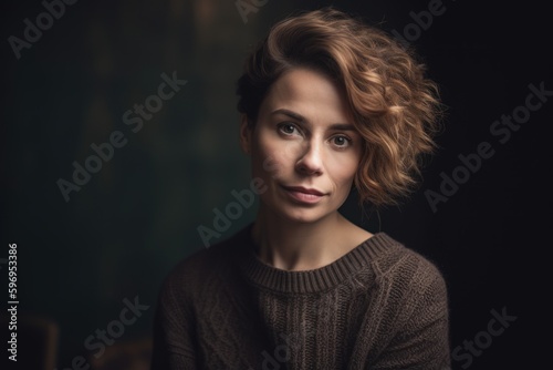 Portrait of a beautiful young woman with curly hair in a brown sweater