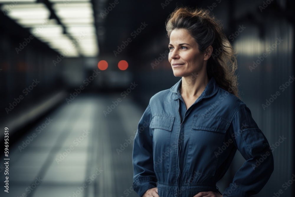 Portrait of confident female worker standing with arms crossed in underground corridor Portrait of confident female worker standing with arms crossed in underground corridor