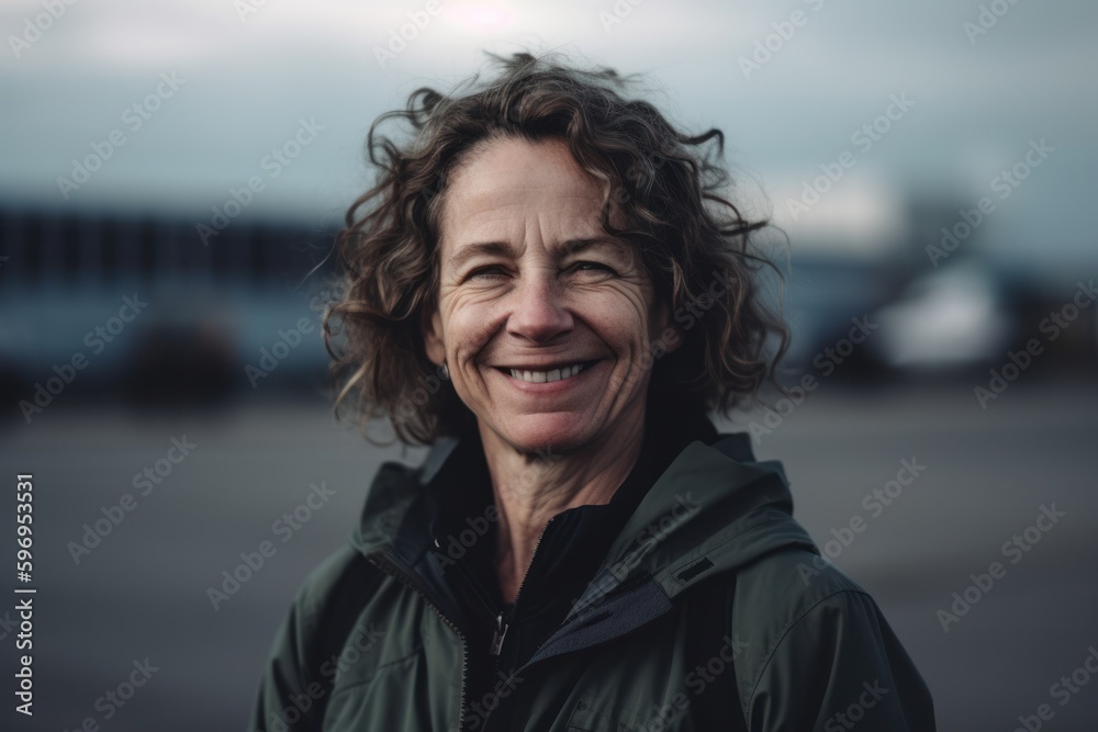 portrait of a smiling middle aged woman with curly hair in the city portrait of a smiling middle aged woman with curly hair in the city