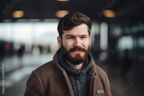 Portrait of a handsome young man with beard in the street.