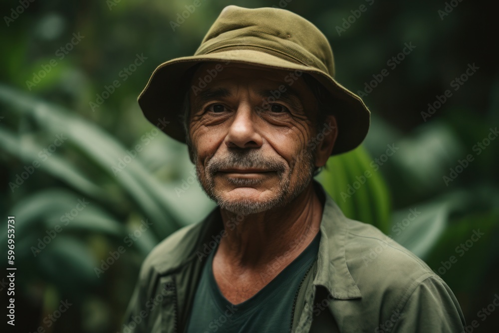 Portrait of senior man with hat looking at camera in the jungle Portrait of senior man with hat looking at camera in the jungle