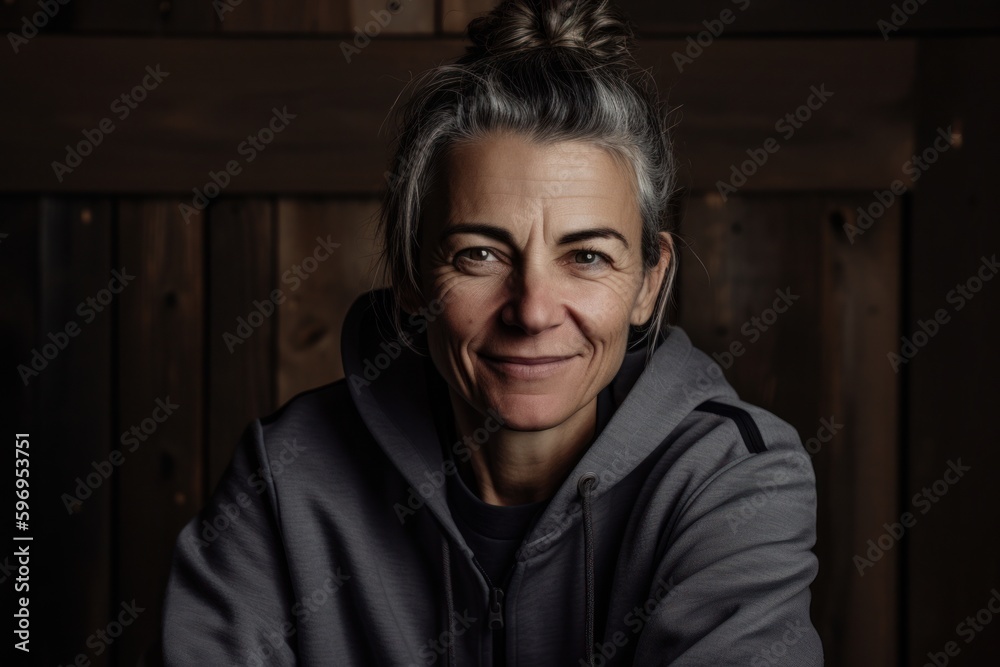 Obraz premium Portrait of a beautiful middle-aged woman in a gray hoodie.