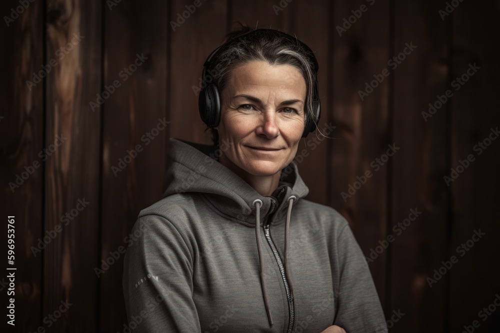 Portrait of a middle-aged woman with headphones on a wooden background Portrait of a middle-aged woman with headphones on a wooden background