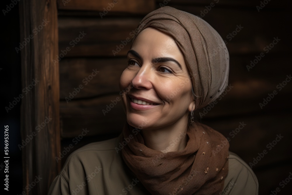 Portrait of a beautiful woman with a scarf on her head.