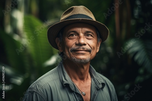 Portrait of senior man wearing hat and green shirt in the jungle
