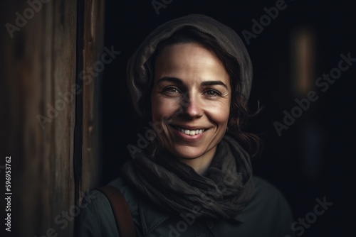 Portrait of a smiling woman in a hat and scarf standing in front of a wooden door