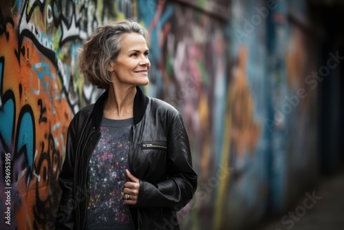 Portrait of a smiling middle-aged woman in a leather jacket on a background of graffiti