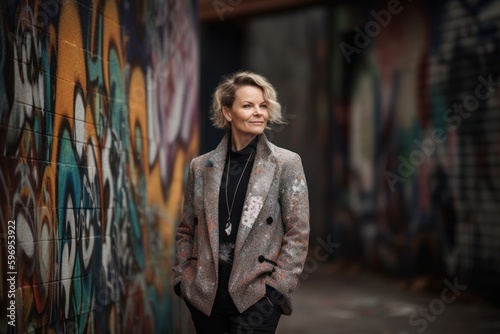 Portrait of a beautiful young woman with short blond hair, wearing a gray jacket and black pants, standing in front of a graffiti wall. © Robert MEYNER