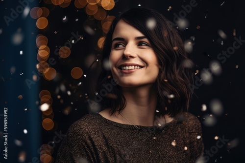 Portrait of a smiling young woman standing under falling snowflakes