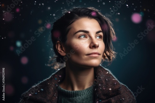 Portrait of a beautiful young woman on dark background with bokeh lights