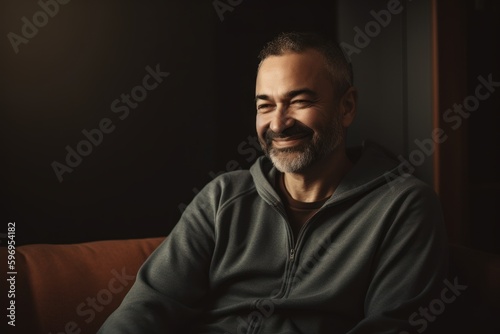 Portrait of a handsome middle-aged man smiling while sitting on a sofa at home