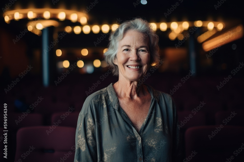 Portrait of smiling senior woman sitting in cinema hall during movie night