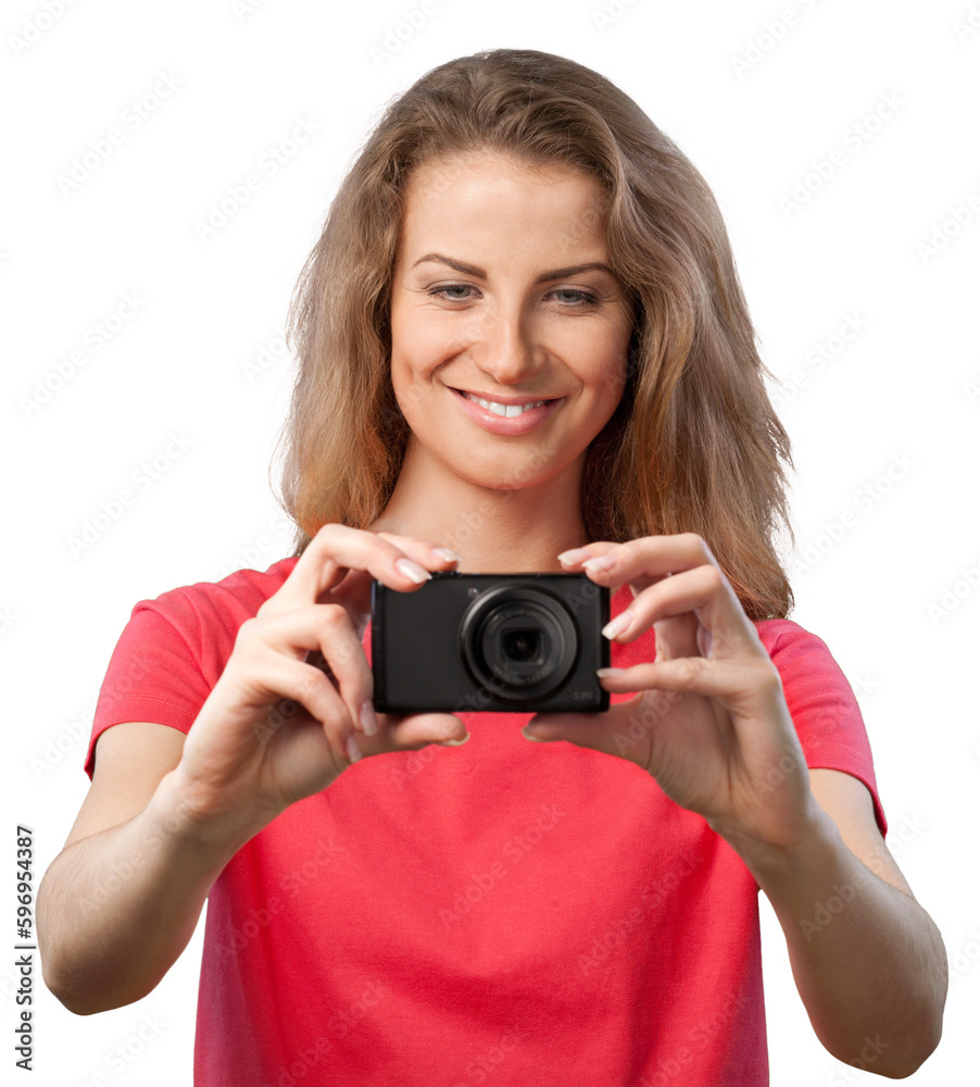 Pretty young woman holding camera isolated on white background Pretty young woman holding camera isolated on white background