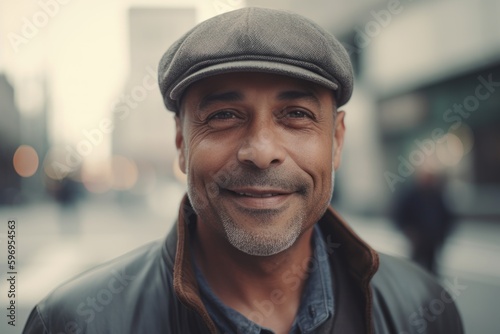 Portrait of handsome mature man in cap looking at camera in city