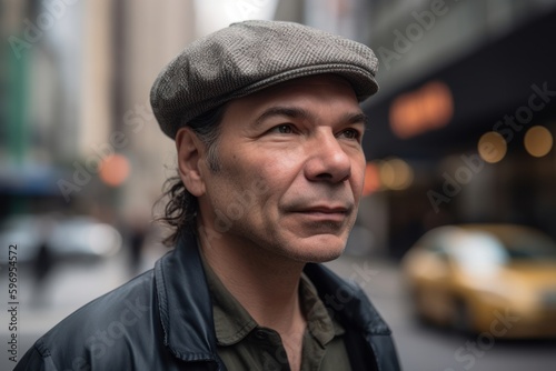 Portrait of a handsome man with cap in the city streets.