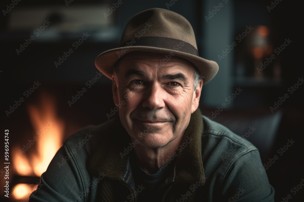 Portrait of a senior man in front of a fireplace at home Portrait of a senior man in front of a fireplace at home