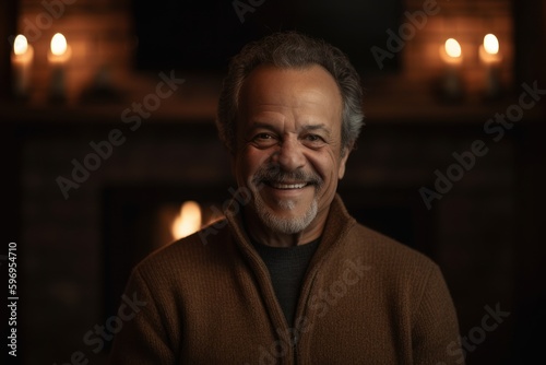 Portrait of a smiling senior man in front of fireplace at home