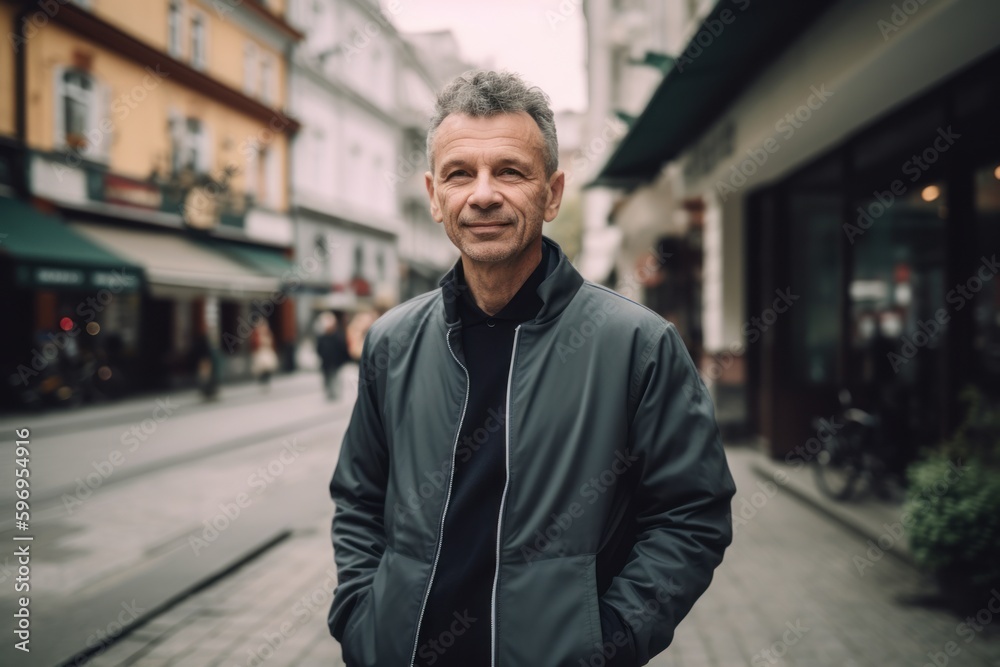 Portrait of a middle-aged man in a jacket on the street