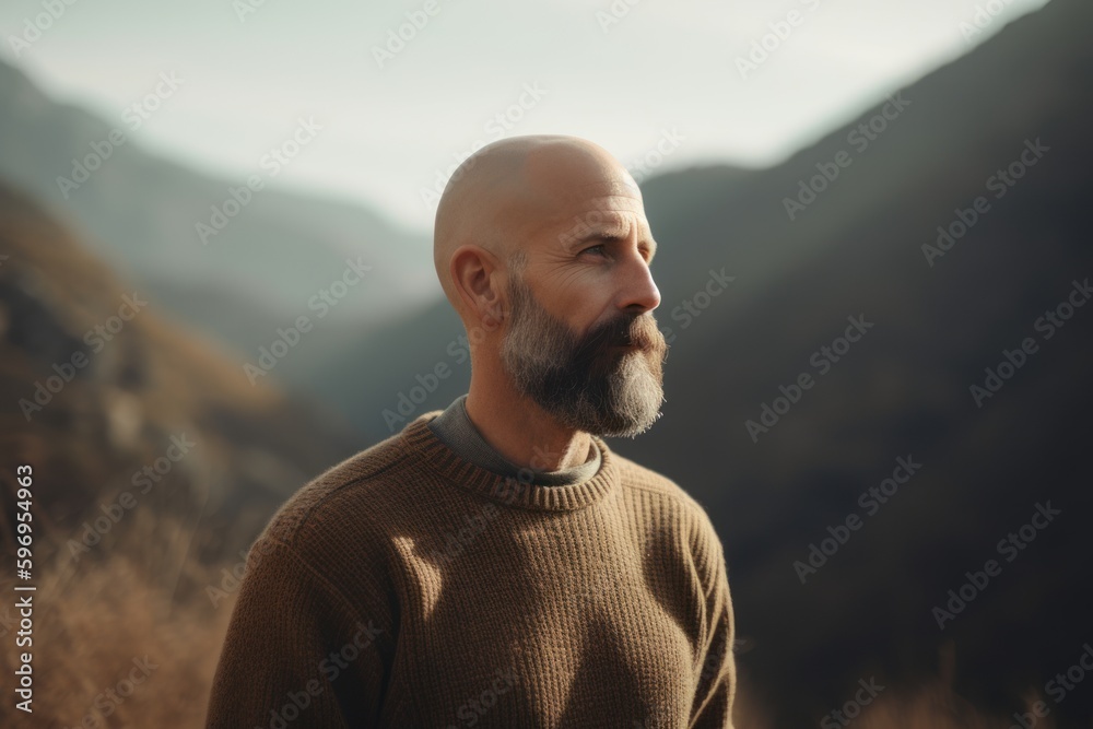 Portrait of a bearded man in a sweater on a background of mountains