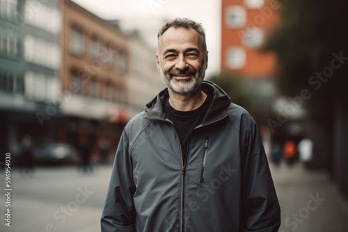 Portrait of a smiling middle-aged man in a jacket in the city