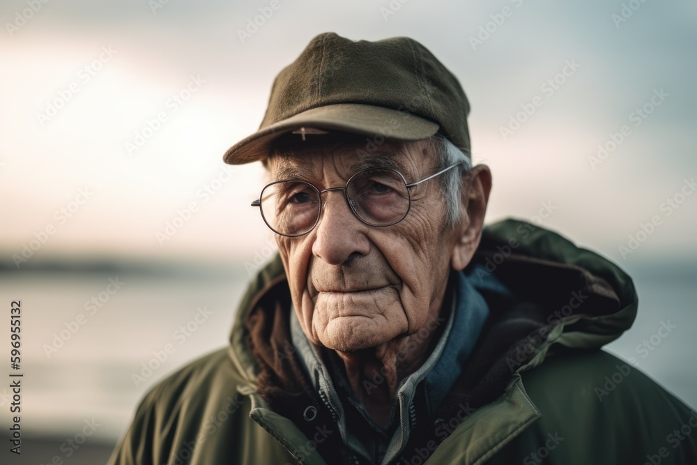 Portrait of an elderly man in a cap and green jacket on the beach.