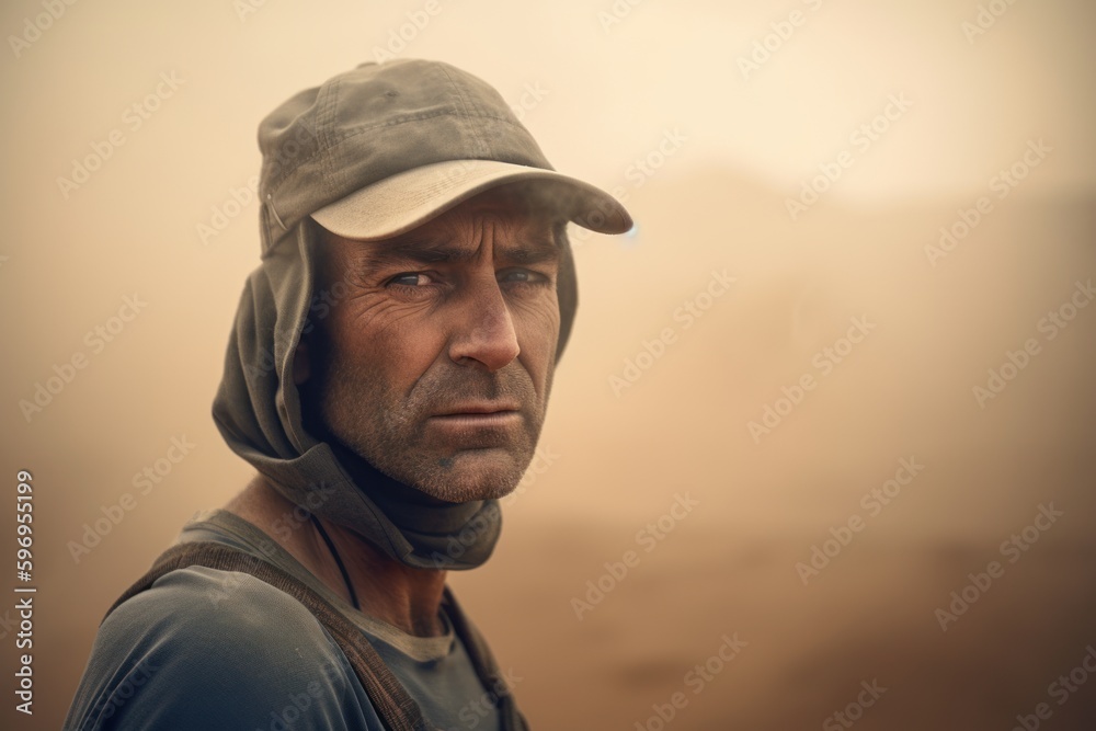 Portrait of a man in the desert with a cap on his head Portrait of a man in the desert with a cap on his head