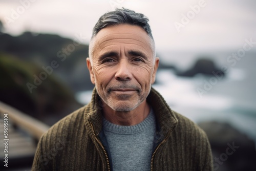 Portrait of handsome mature man with grey hair wearing sweater and looking at camera