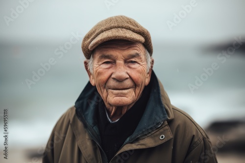 Portrait of an elderly man on the seashore in winter