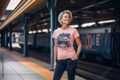 Portrait of a smiling senior woman standing on platform of train station