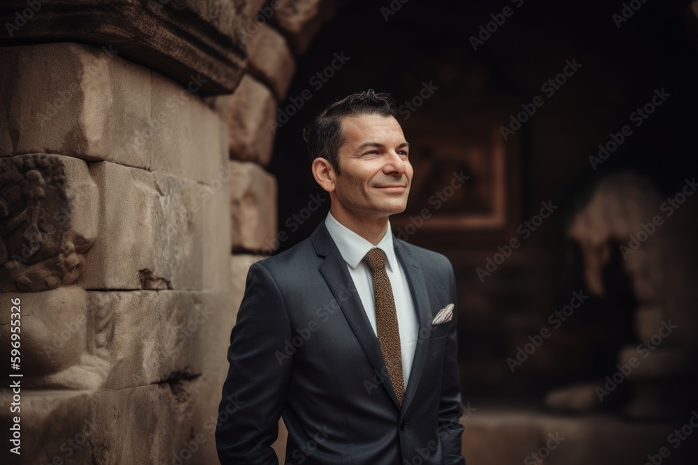 Fototapeta premium Handsome groom posing in front of an ancient stone wall.