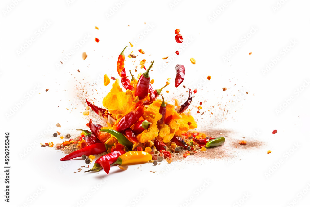 Fiery explosions and twisting cyclones of spicy chilies on a white background. generative AI. - obrazy, fototapety, plakaty 